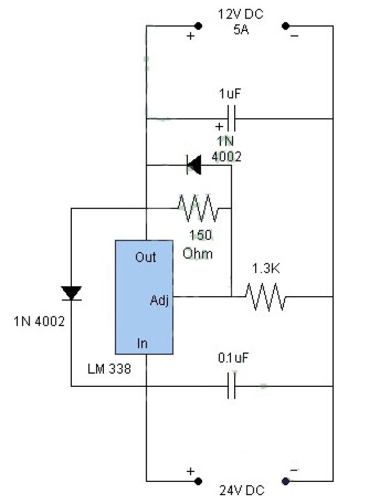 Sơ đồ mạch hạ áp dòng điện 24V xuống 12V sử dụng LM338